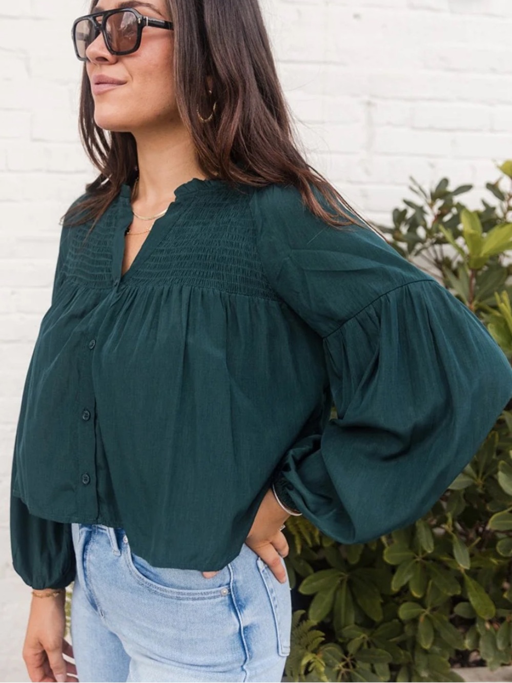 Day + Moon Forest Green Smocked Long-Sleeved Top Small NWT $69 Fall Winter